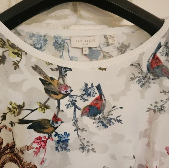 Ted Baker White Multicolor Bird Print Blouse Sz 1 - Picture 2 of 6